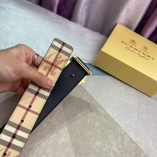 Burberry Knight Ceinture en cuir Beige doré TB Monogram Buckle imprimé classique à carreaux 5