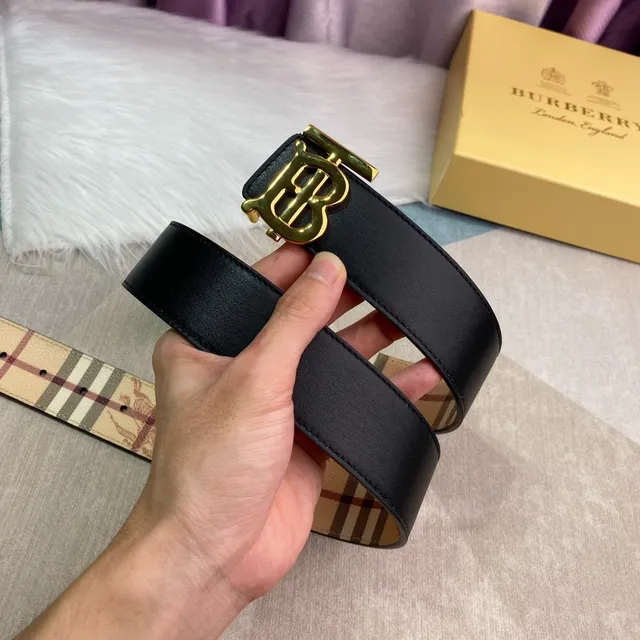 Burberry Knight Ceinture en cuir Beige doré TB Monogram Buckle imprimé classique à carreaux 6