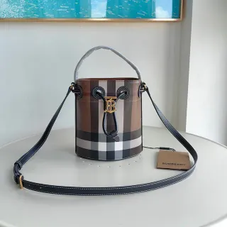 Burberry Mini Brown Black Check-Print Canvas Gold-Tone TB Monogram Bucket Bag
