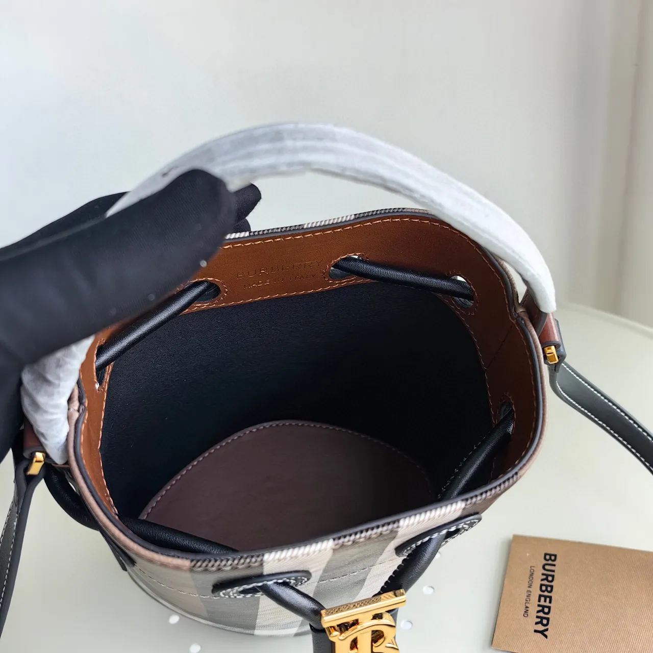 Burberry Mini Brown Black Check-Print Canvas Gold-Tone TB Monogram Bucket Bag 2