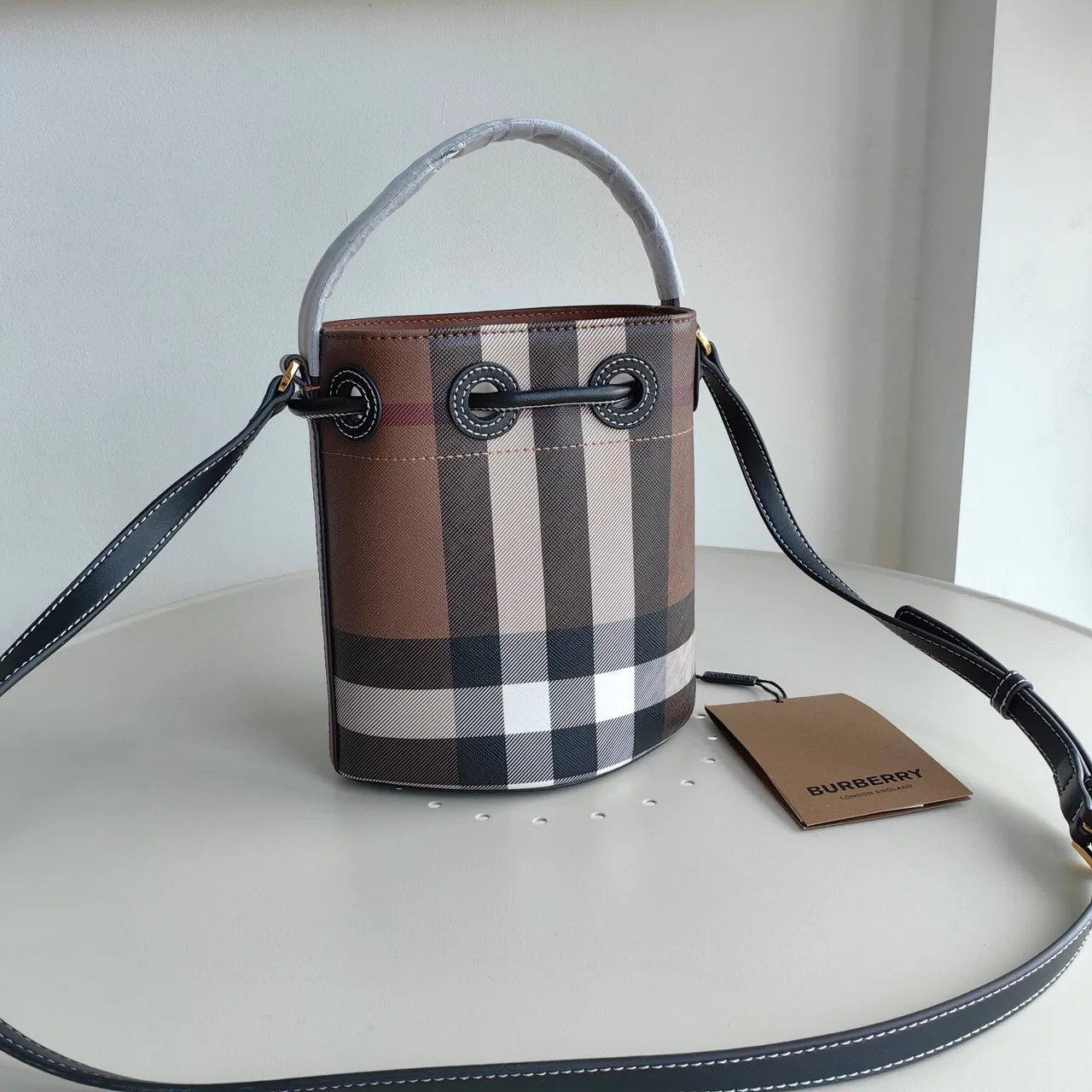 Burberry Mini Brown Black Check-Print Canvas Gold-Tone TB Monogram Bucket Bag 3