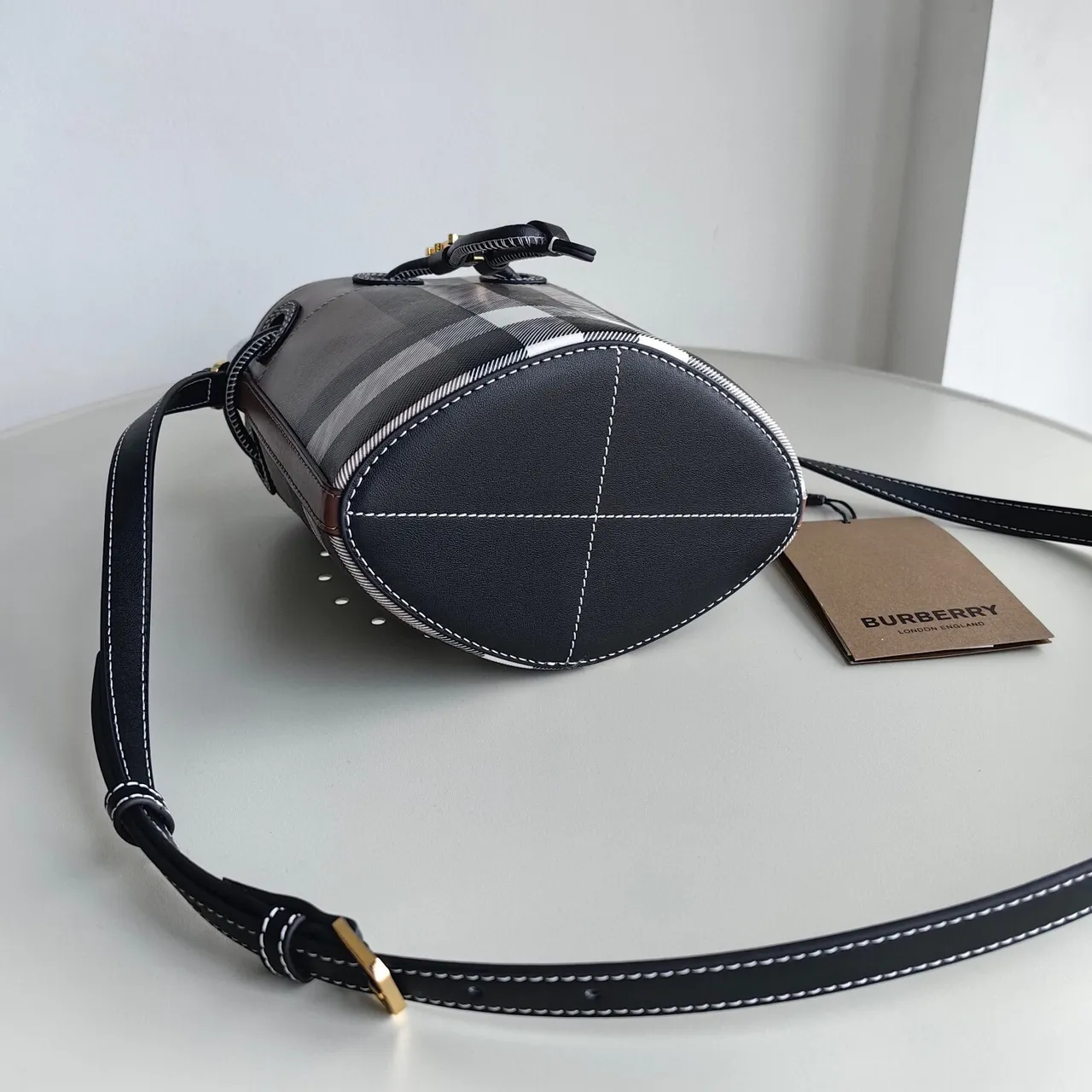 Burberry Mini Brown Black Check-Print Canvas Gold-Tone TB Monogram Bucket Bag 4