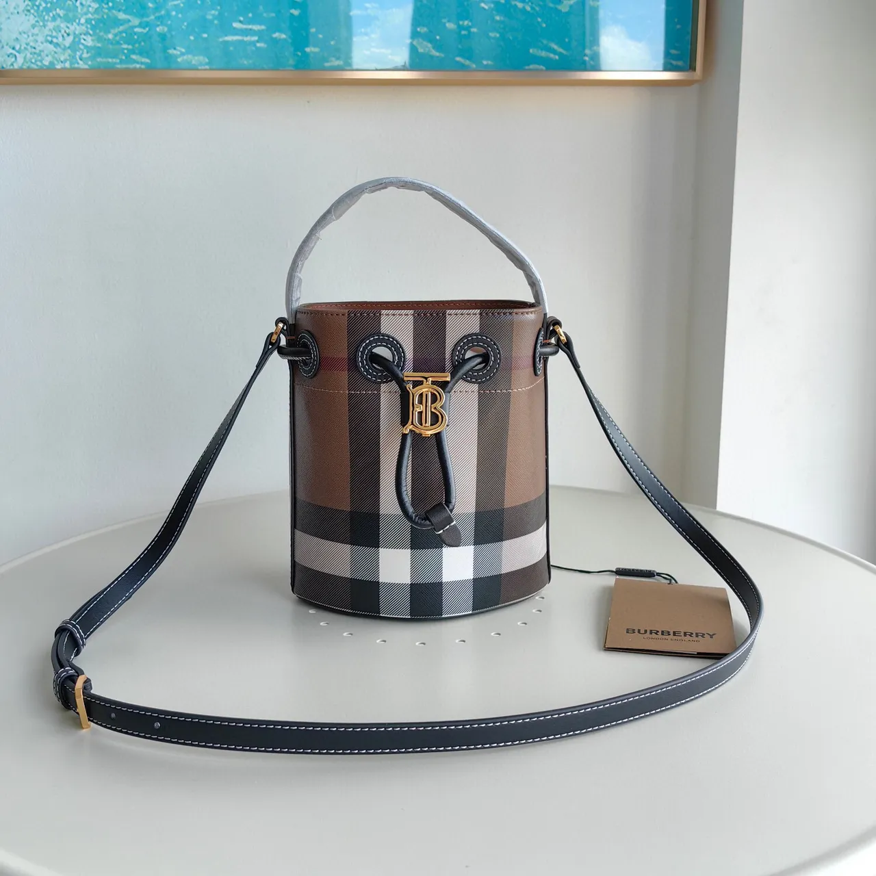 Burberry Mini Brown Black Check-Print Canvas Gold-Tone TB Monogram Bucket Bag 5