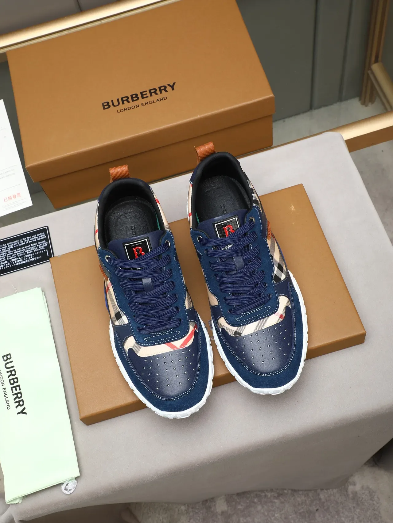 Burberry Navy Beige Suede Check-Pattern Panel Lifestyle Sneakers 2