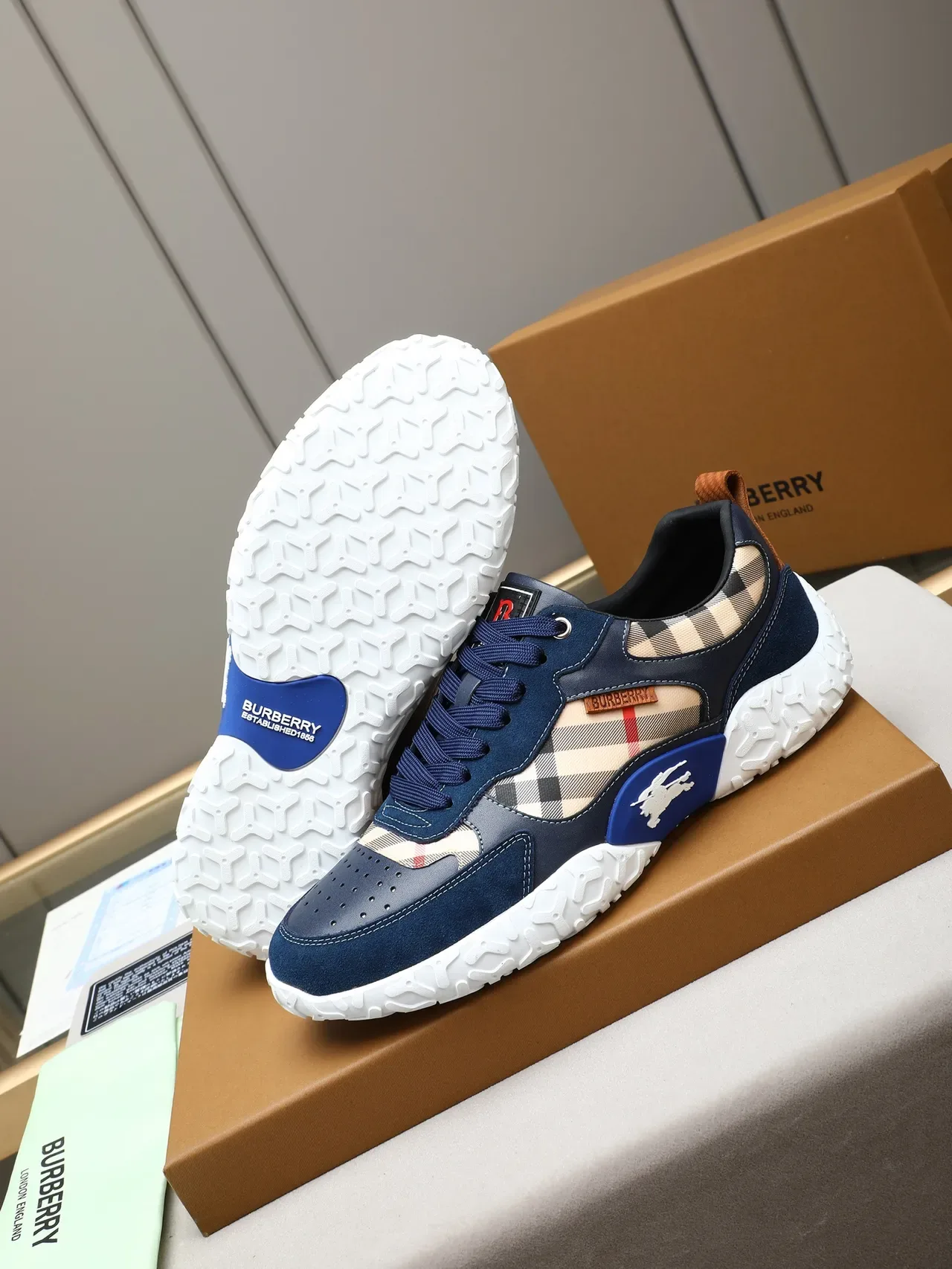 Burberry Navy Beige Suede Check-Pattern Panel Lifestyle Sneakers 4