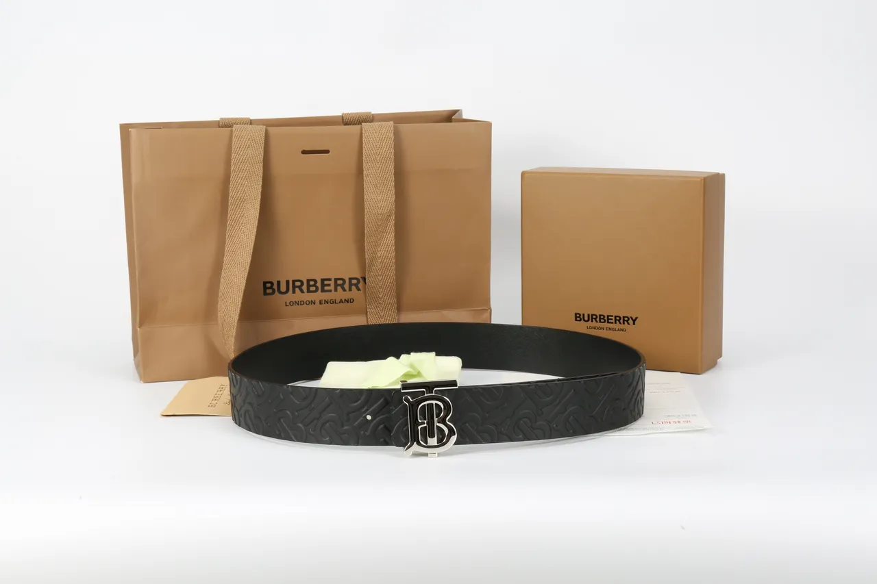 Burberry TB Belt Black Embossed Monogram Leather Belt 2