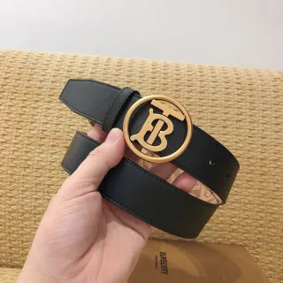 Burberry TB Belt Black Gold Smooth Circular Monogram Buckle Leather Belt