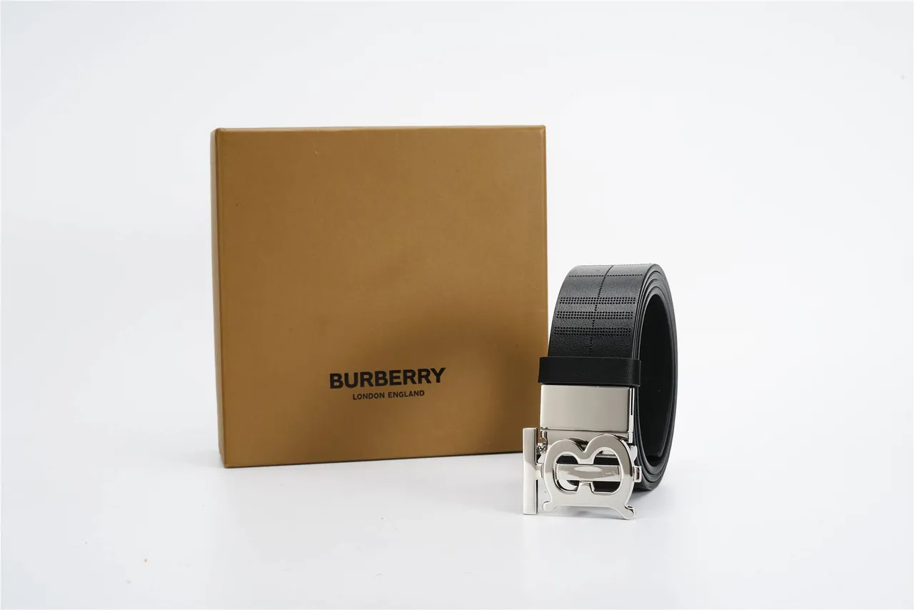 Burberry TB Belt Perforated Check Black Leather Belt 8