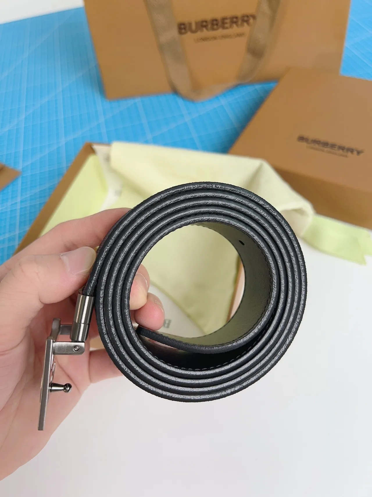 Burberry TB Buckle Belt Navy Blue Gray Check Leather Belt 5