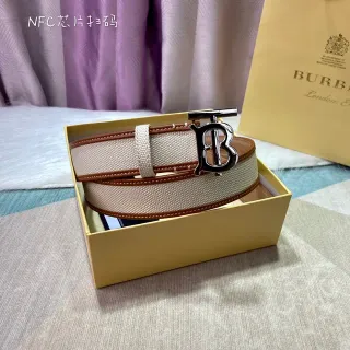 Burberry TB Monogram Belt Beige Brown Woven Leather Trim Canvas Belt