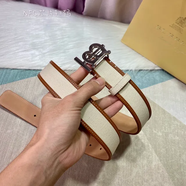 Burberry TB Monogram Belt Beige Brown Woven Leather Trim Canvas Belt 2