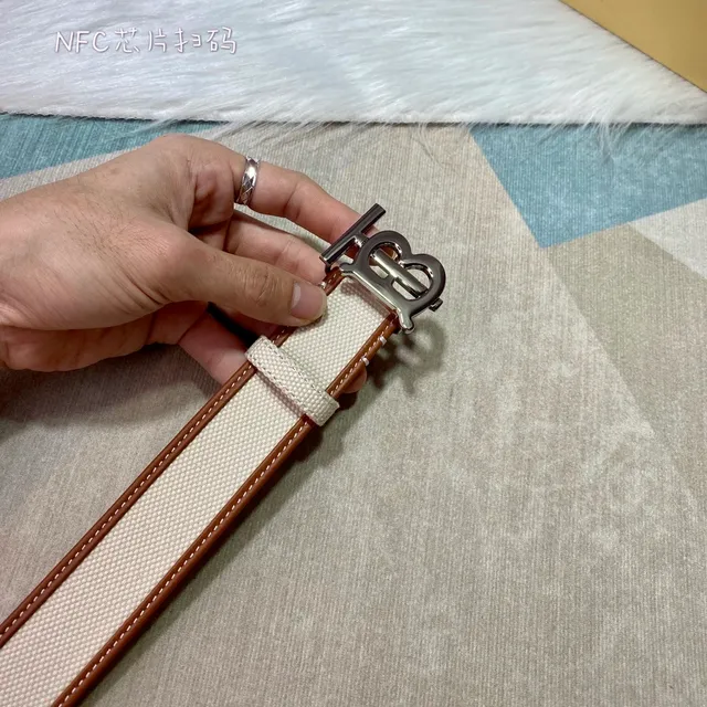 Burberry TB Monogram Belt Beige Brown Woven Leather Trim Canvas Belt 3