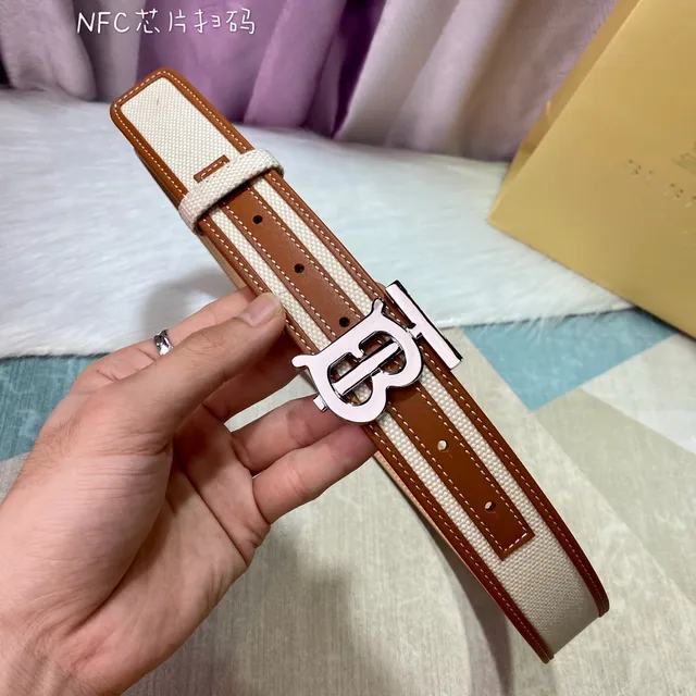 Burberry TB Monogram Belt Beige Brown Woven Leather Trim Canvas Belt 4