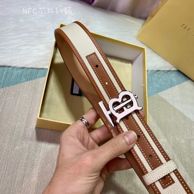 Burberry TB Monogram Belt Beige Brown Woven Leather Trim Canvas Belt 5