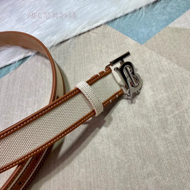 Burberry TB Monogram Belt Beige Brown Woven Leather Trim Canvas Belt 7