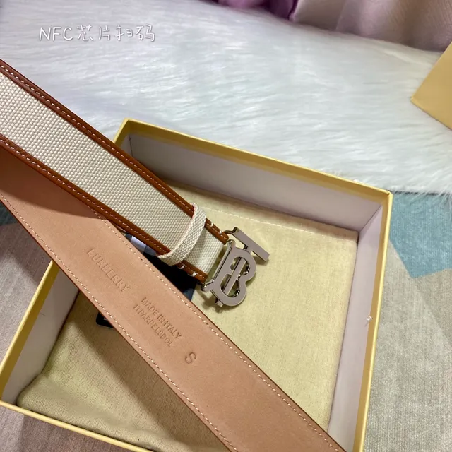 Burberry TB Monogram Belt Beige Brown Woven Leather Trim Canvas Belt 8