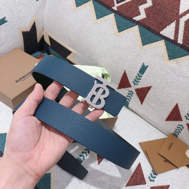 Burberry TB Monogram Belt Blue Pebbled Leather Belt 4