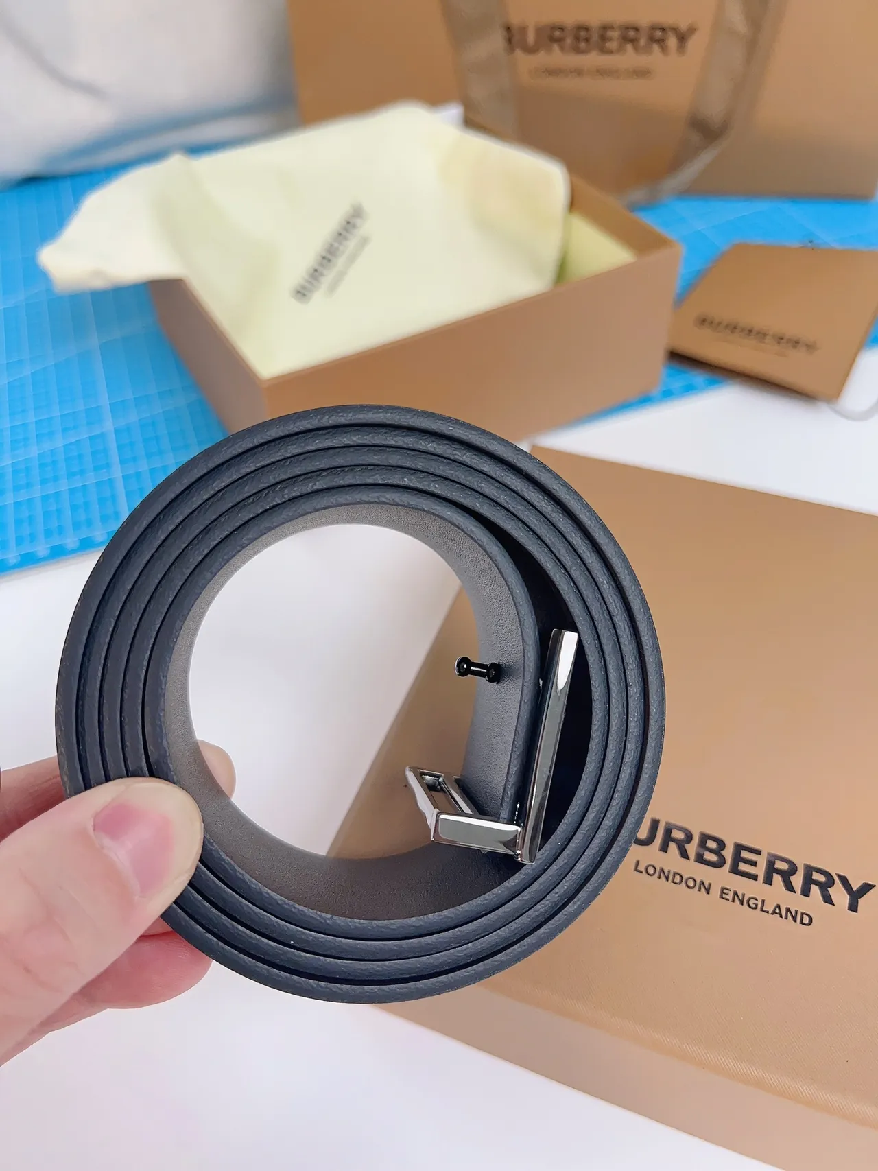 Burberry TB Monogram Black Leather Belt 6