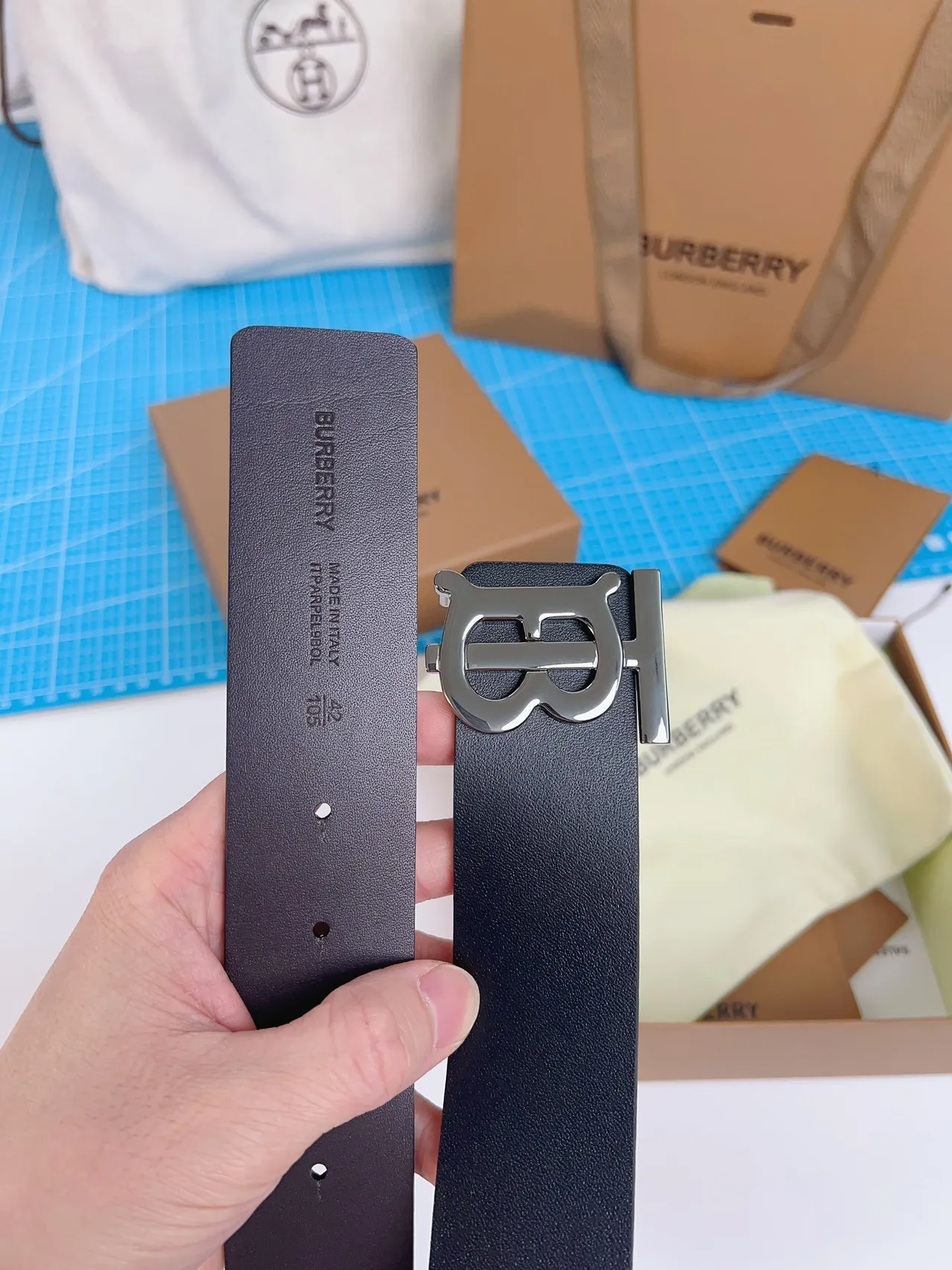 Burberry TB Monogram Black Leather Belt 7