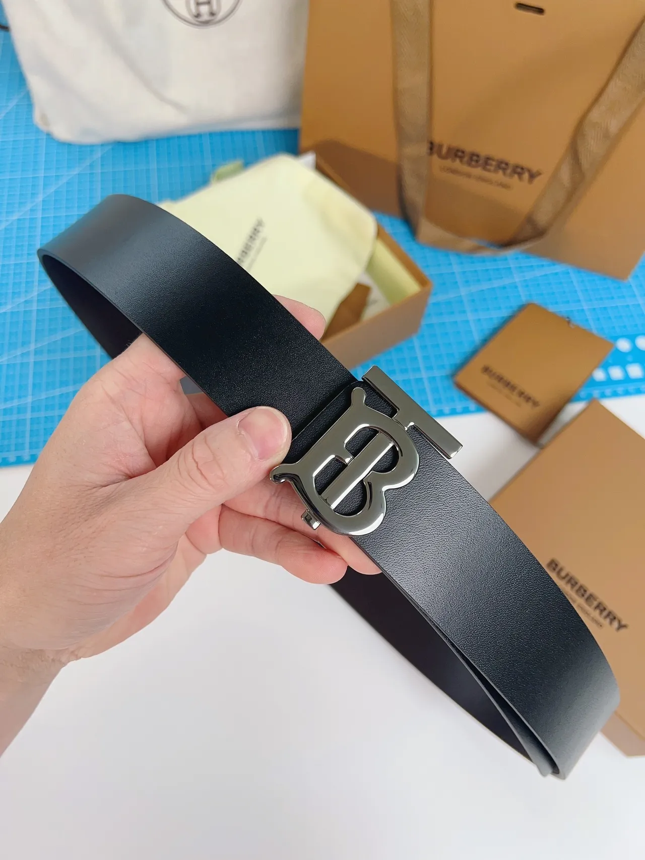 Burberry TB Monogram Black Leather Belt 9