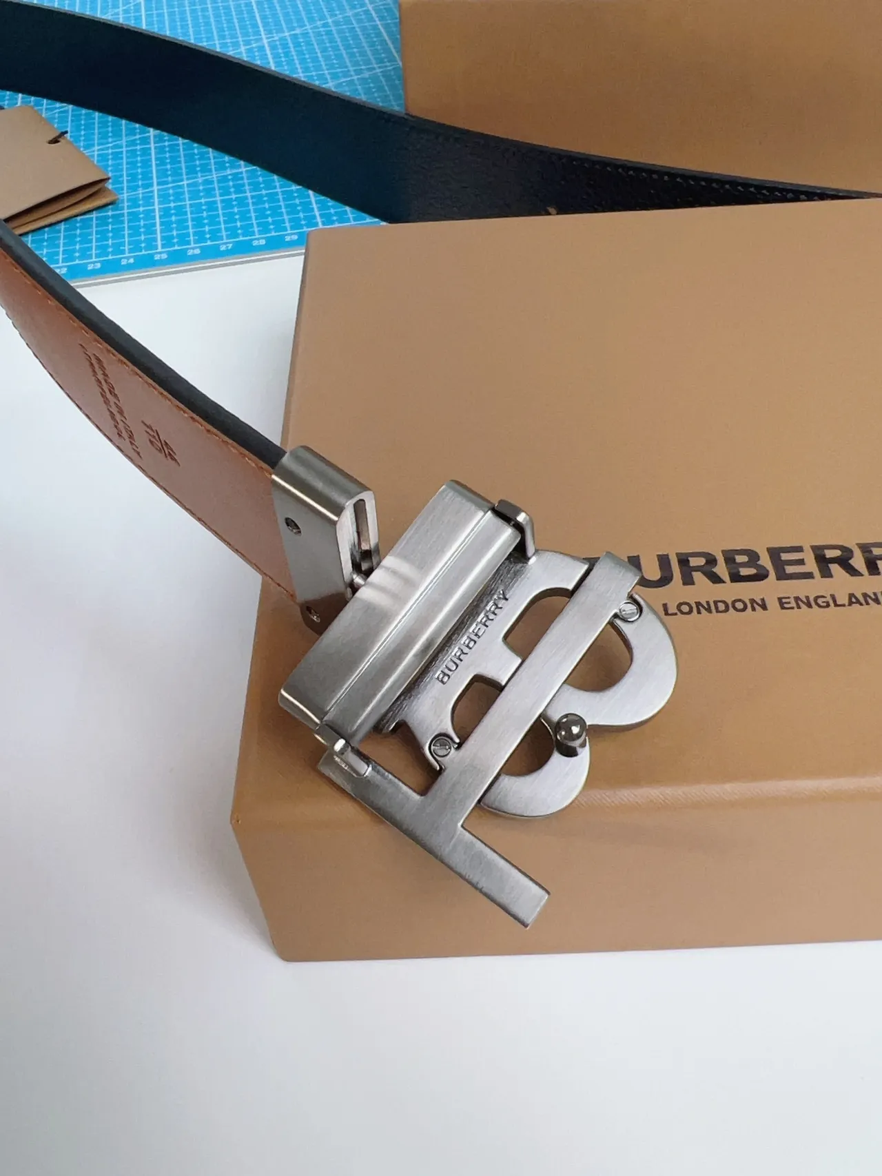 Burberry TB Monogram Black Pebbled Leather Belt 2