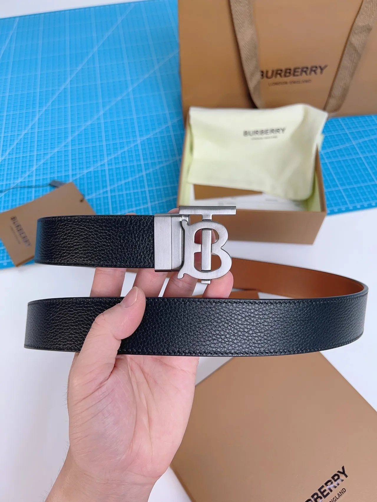 Burberry TB Monogram Black Pebbled Leather Belt 3