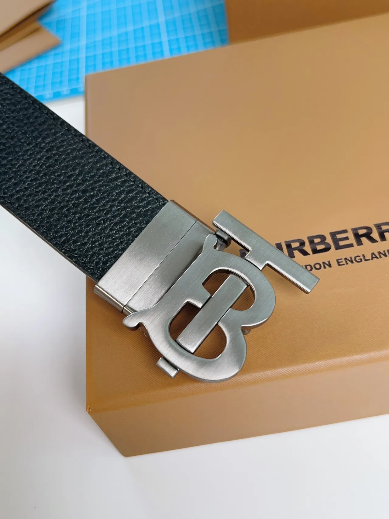 Burberry TB Monogram Black Pebbled Leather Belt 4