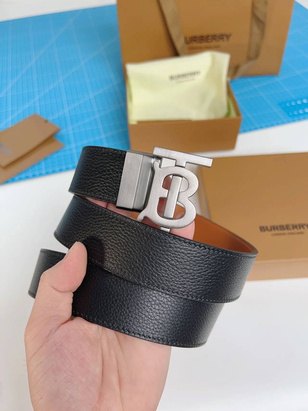 Burberry TB Monogram Black Pebbled Leather Belt 6