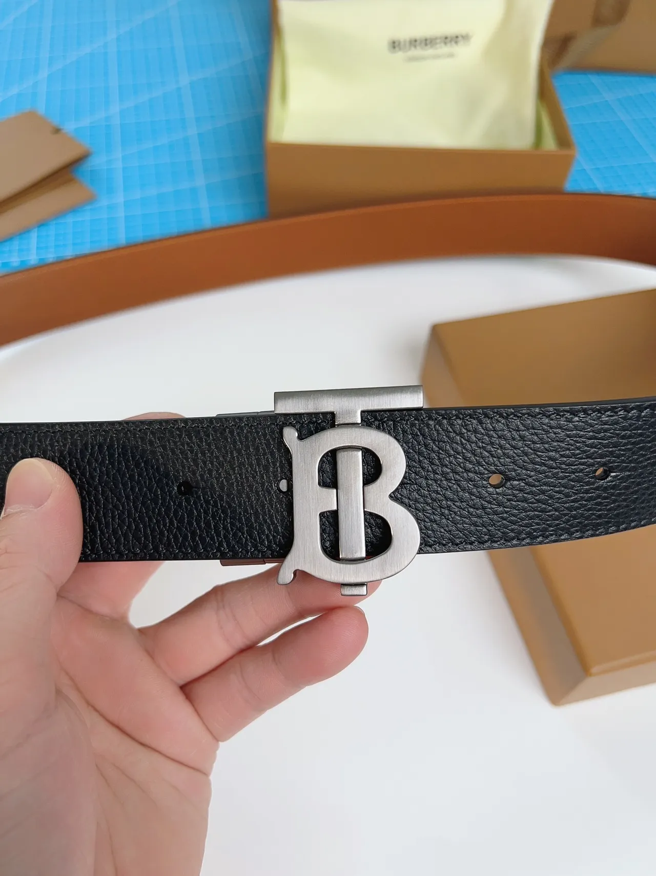 Burberry TB Monogram Black Pebbled Leather Belt 7