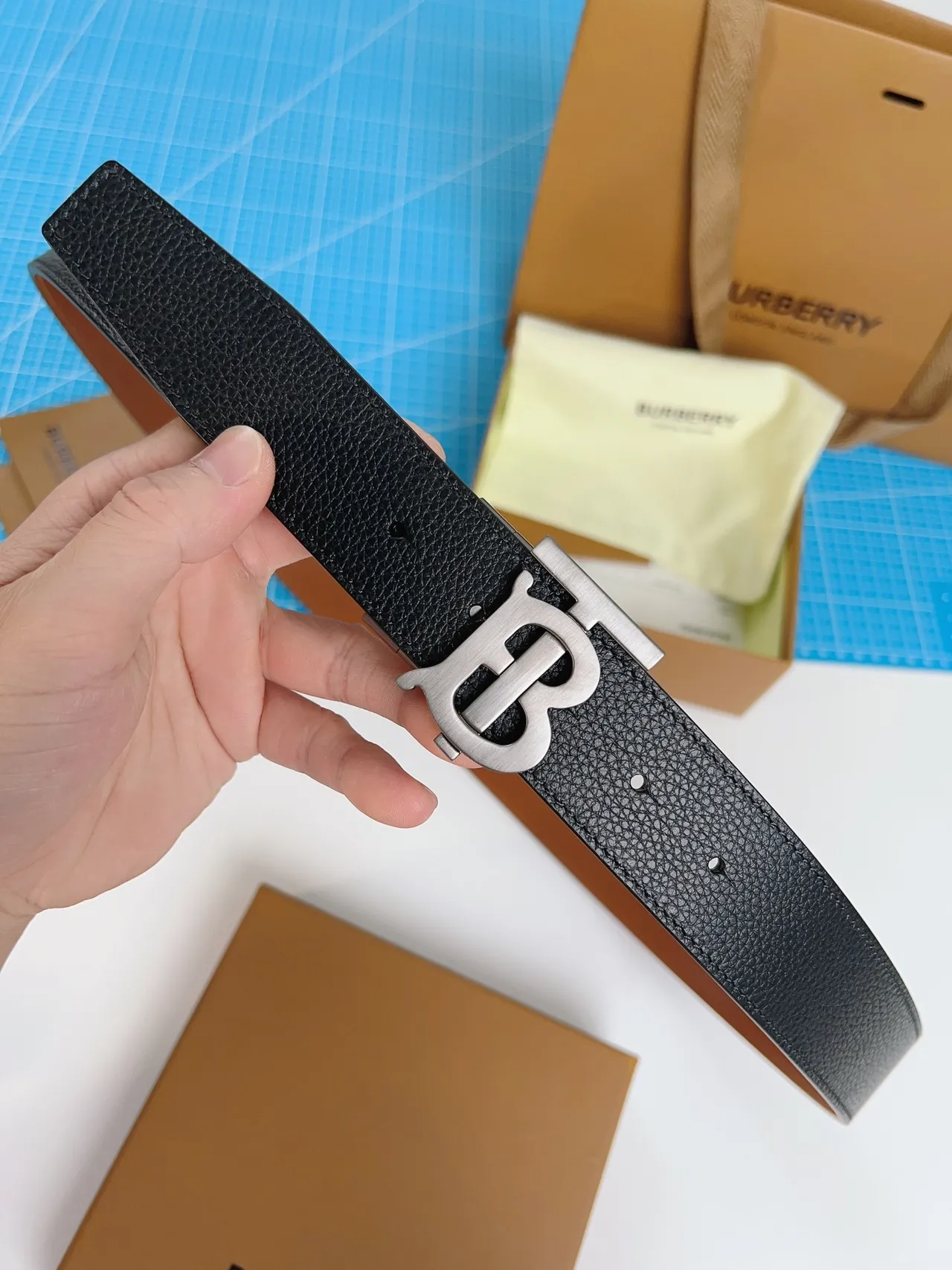 Burberry TB Monogram Black Pebbled Leather Belt 8