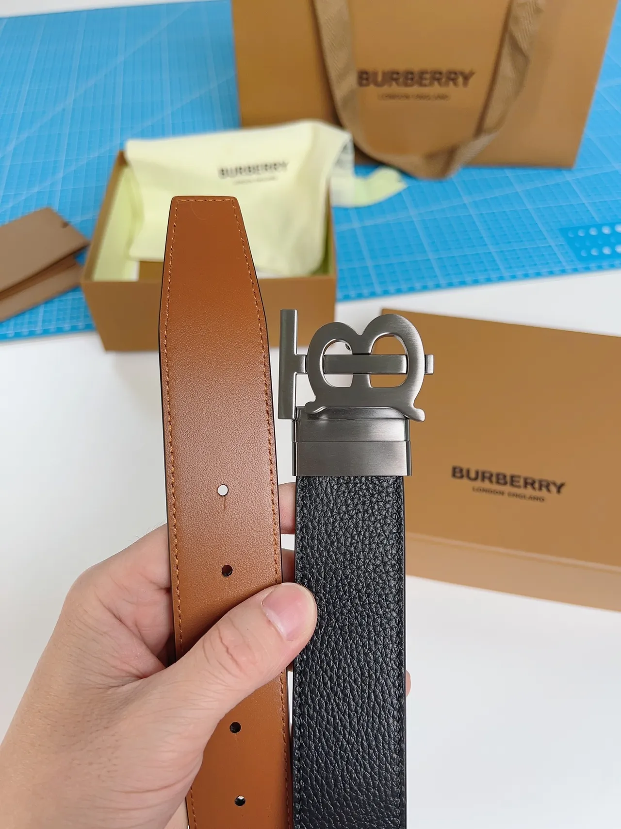 Burberry TB Monogram Black Pebbled Leather Belt 9