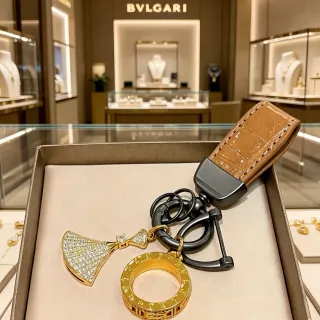 Bvlgari Gold Brown Pavé Fan Charm Greca-Engraved Ring Jewelry