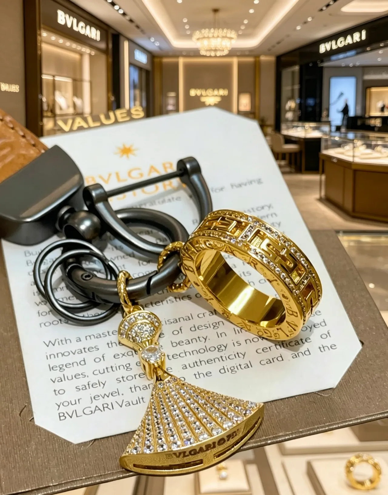 Bvlgari Bague en Or Brun Pavé Charm d'Éventail Greca-Gravé Bijoux 3