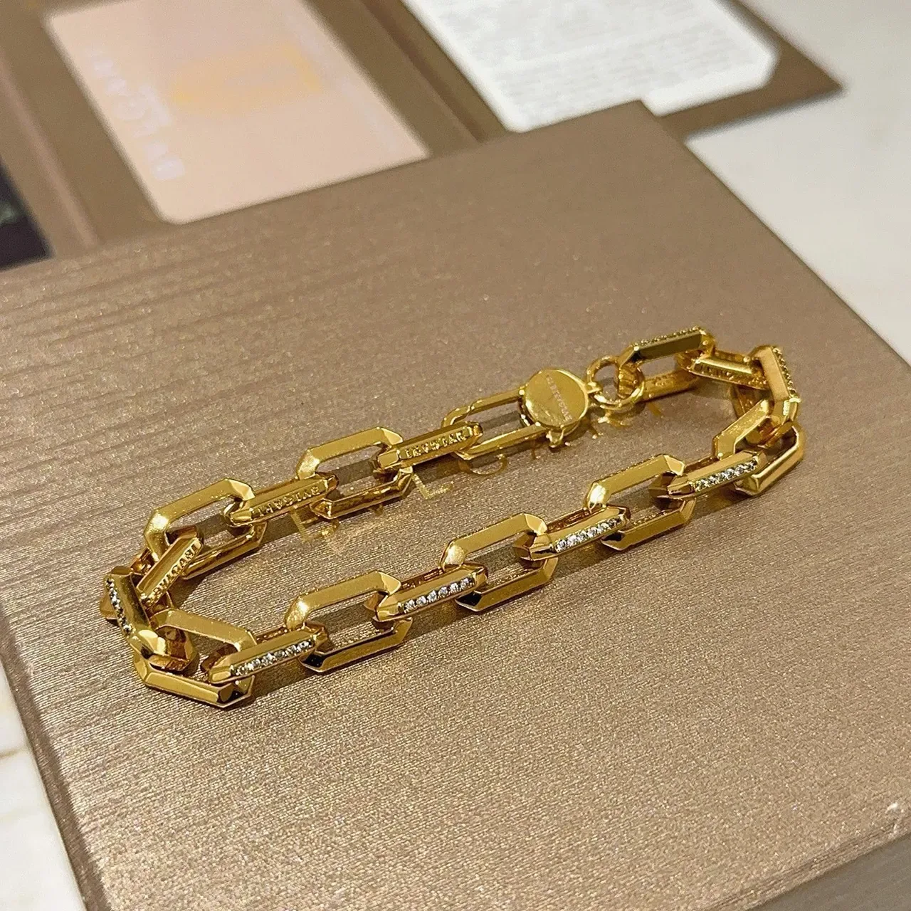 Bvlgari Gold-Tone Geometric Link Pavé Bracelet 9
