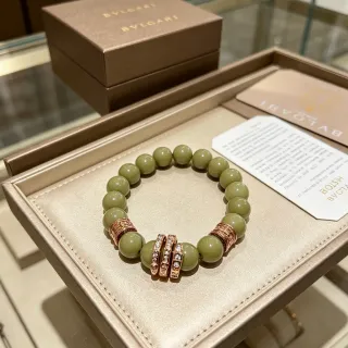 Bvlgari Green Gold Jade-Like Beads Rose Metal Accents Bracelet