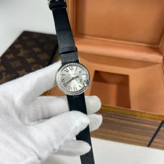 Cartier Ballon Bleu Diamond-Set Bezel Silver Dial Black Leather Strap Mechanical Watch