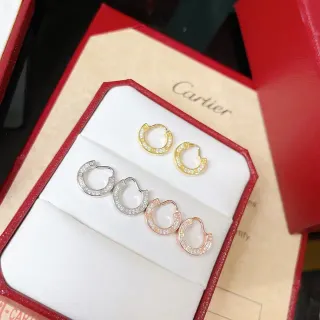 Cartier Gold Silver Open C-Shaped Hoops Pavé-Set Stones Earrings