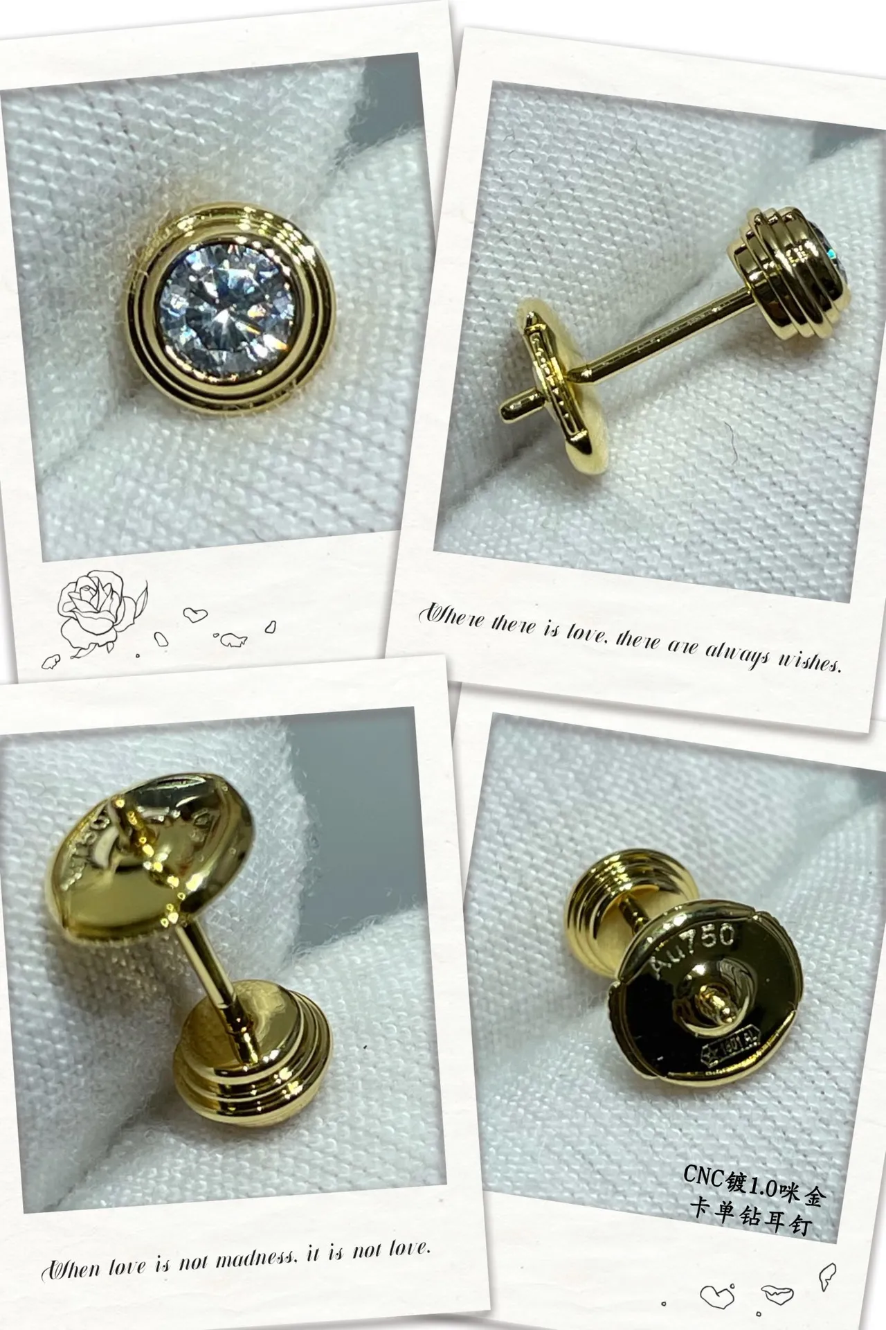 Cartier Boucles d'Oreilles Or et Argent avec Bords Cannelés et Pierre Ronde Simple 5