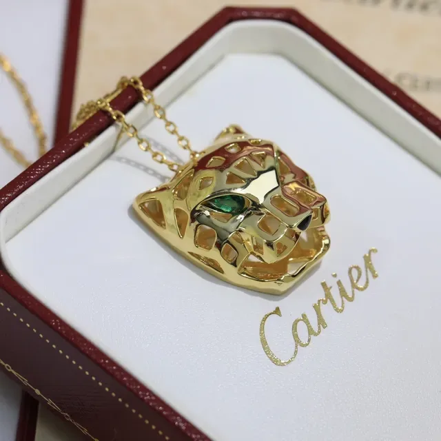 Cartier Panthère Gold Green Panther Head Pendant Openwork Metal Necklace 6
