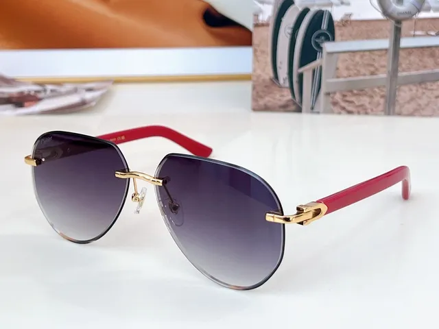 Cartier Vermelho Marrom Sem Aro Oval Dourado Bisagra Fecho Óculos de Sol 7
