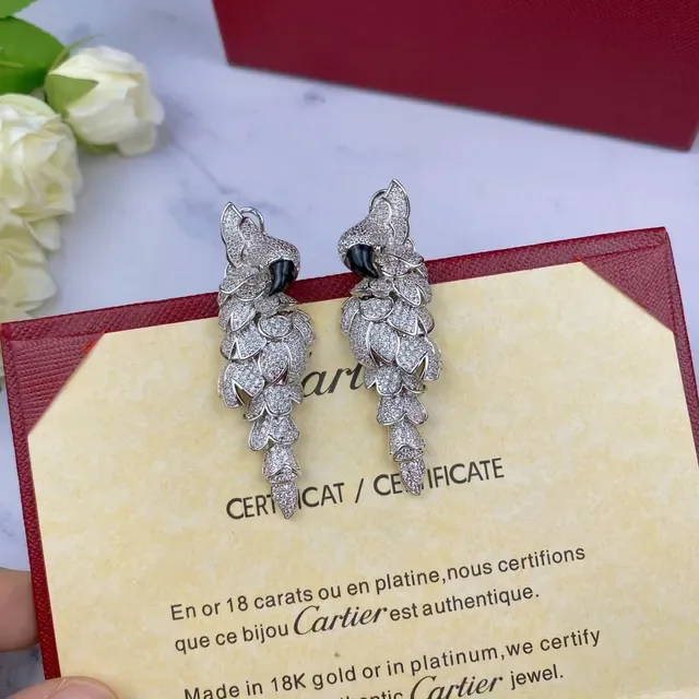 Cartier Brincos Prata Preto Motivo Folha Detalhe Olho Onyx Pavé-Set 3