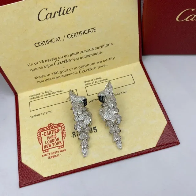 Cartier Brincos Prata Preto Motivo Folha Detalhe Olho Onyx Pavé-Set 6
