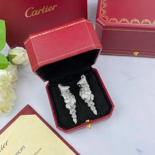 Cartier Brincos Prata Preto Motivo Folha Detalhe Olho Onyx Pavé-Set 8
