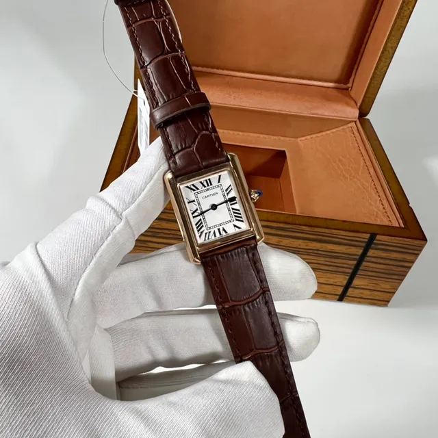 Cartier Tank Louis Rectangular Gold-Tone White Dial Brown Leather Mechanical Watch 3