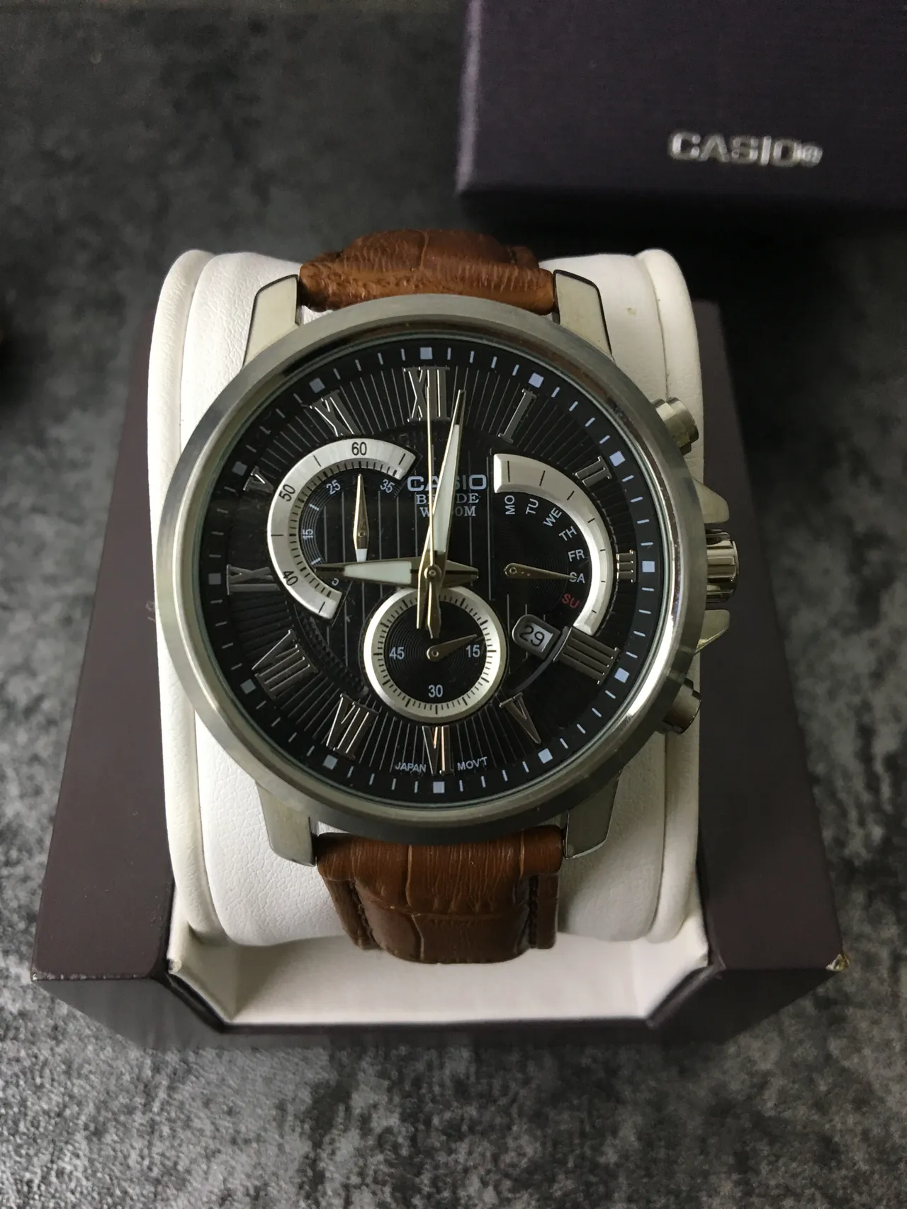 Casio Beside Chronograph Black Dial Brown Leather Strap Quartz Watch 2