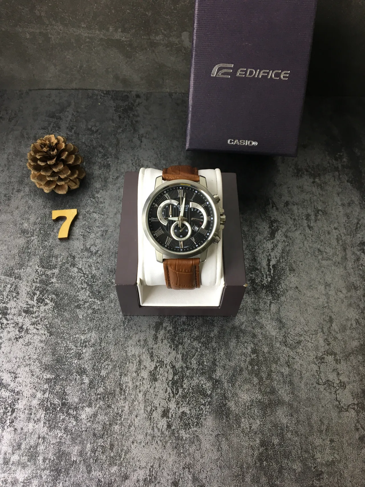 Casio Beside Chronograph Black Dial Brown Leather Strap Quartz Watch 3