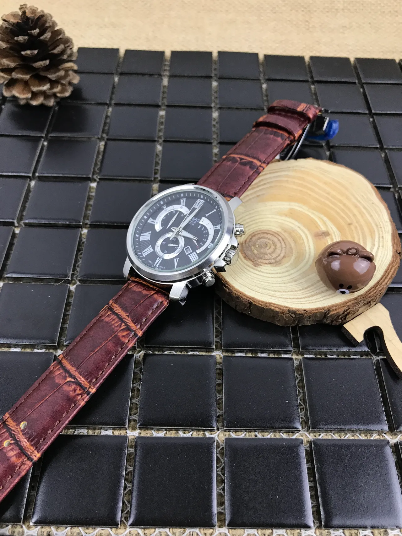 Casio Beside Chronograph Black Dial Brown Leather Strap Quartz Watch 7