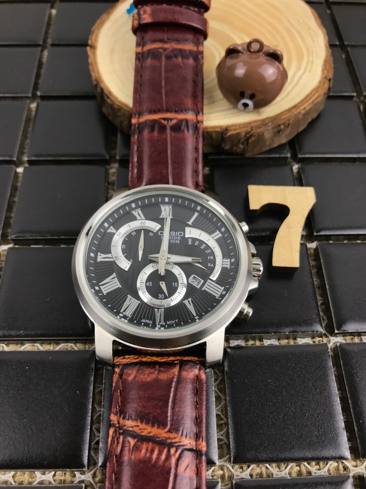 Casio Beside Chronograph Black Dial Brown Leather Strap Quartz Watch 9