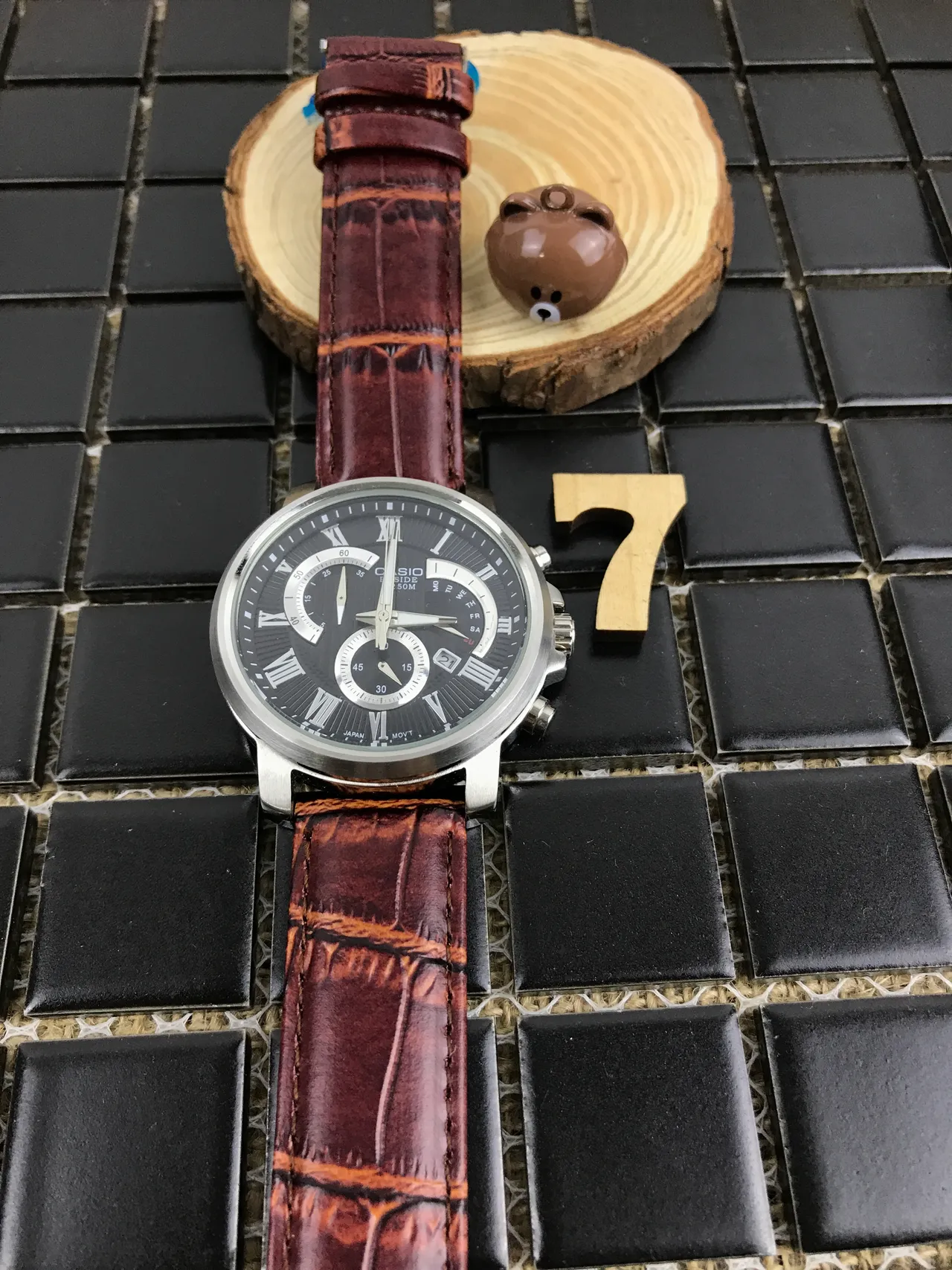Casio Beside Chronograph Black Dial Brown Leather Strap Quartz Watch 10