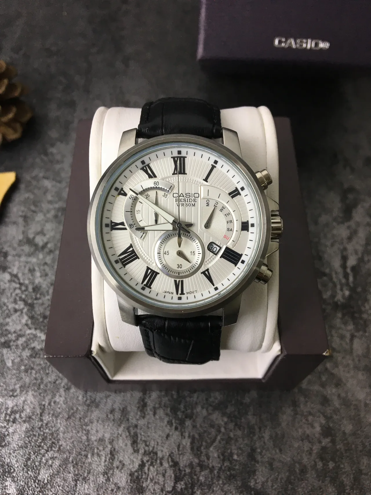 Casio Beside Chronograph White Dial Black Leather Strap Quartz Watch 2